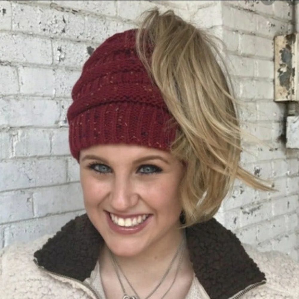 NWT C.C Knit Messy Bun Beanie | Burgundy